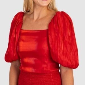 KOCH Logan Puff Sleeve Crop Top in Flame Red Game Day Poof Small Blouse